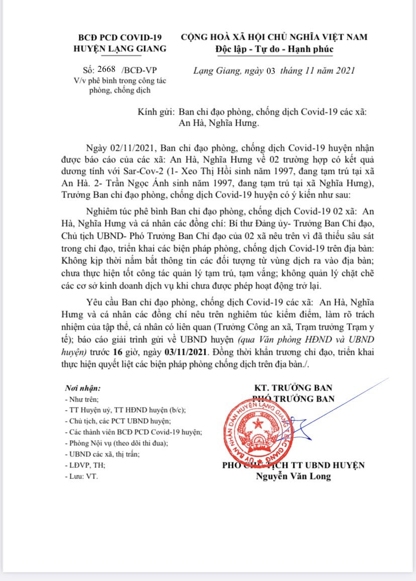 Trưởng Ban chỉ đạo phòng chống dịch Covid 19 huyện Lạng Giang phê bình 2 xã An Hà và Nghĩa Hưng...